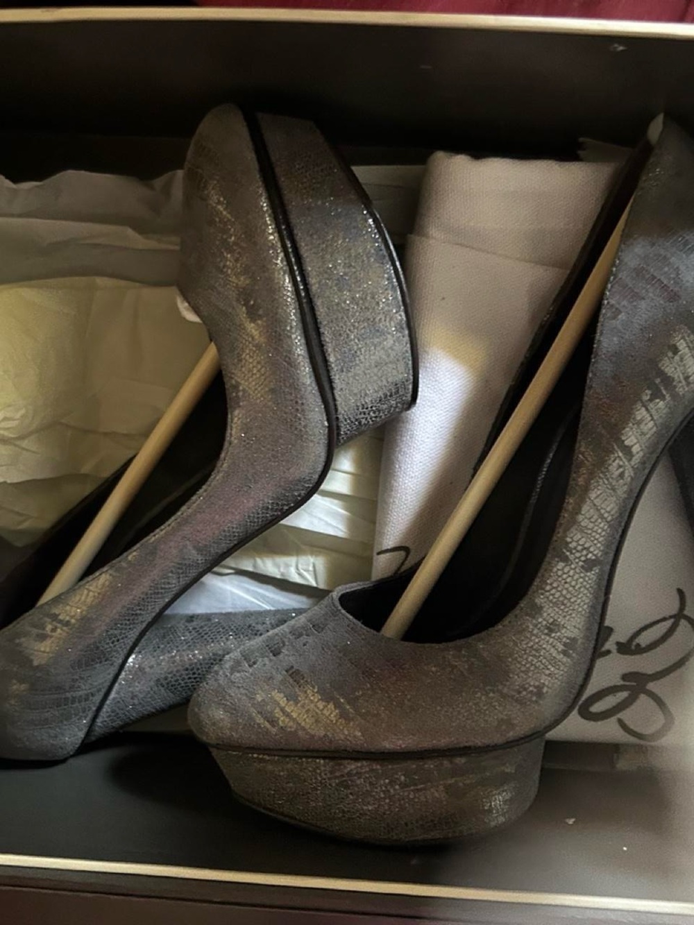 Elizabeth and James Metallic Silver Glitter Platform Pumps